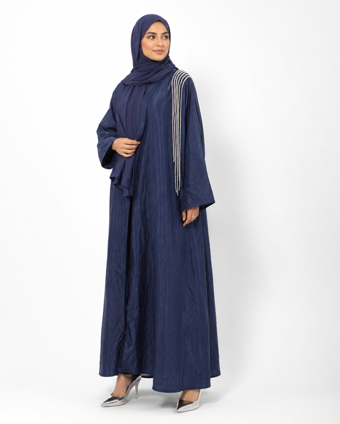 Navy Blue Beaded Stripe Front Open Abaya